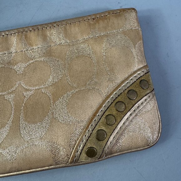 Coach Gold Tan Wristlet Clutch Signature Logo W/ Studs Canva Leather Purse - Picture 3 of 13